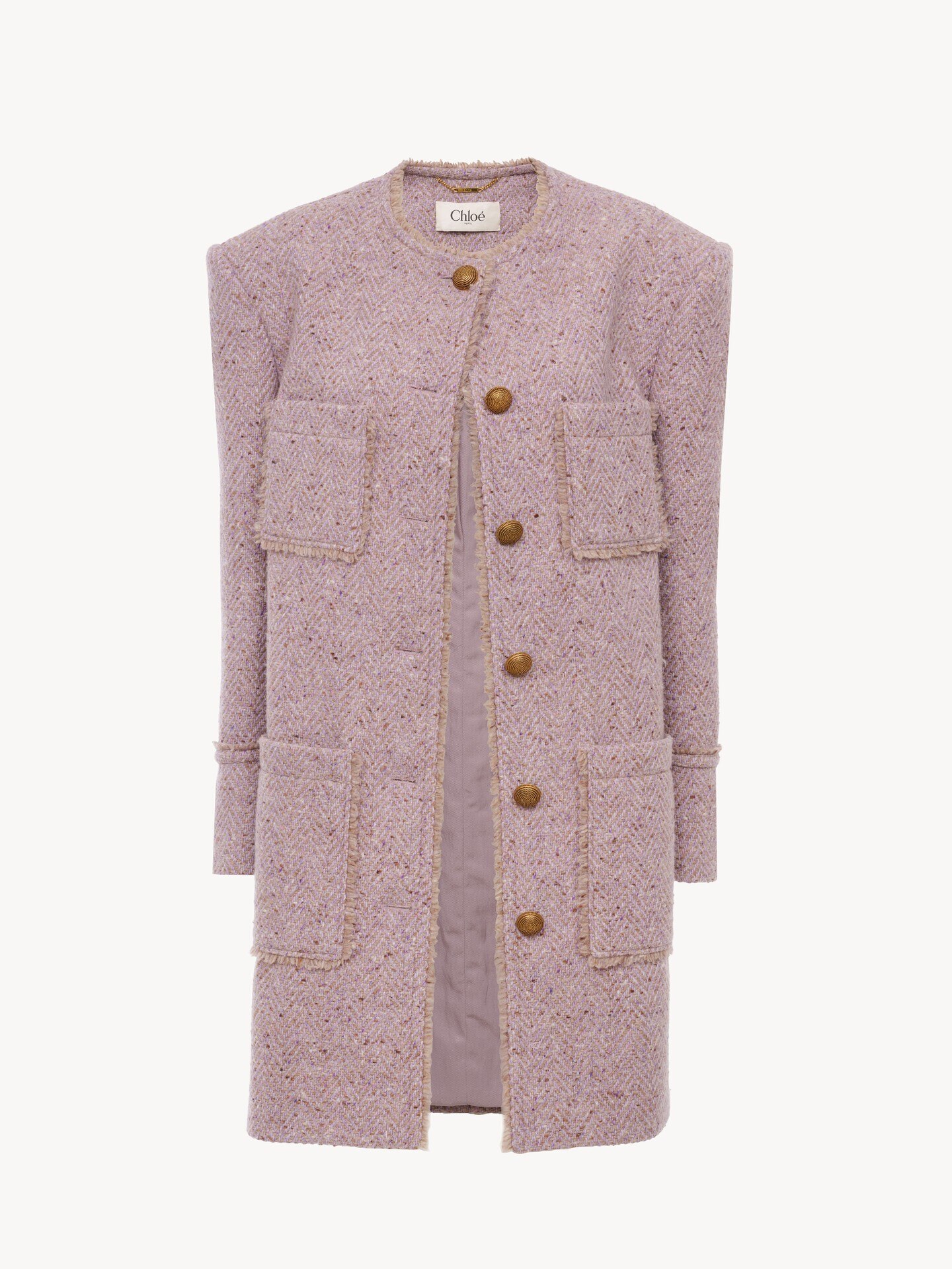 Single-breasted collarless coat in chin&eacute; wool tweed - 2