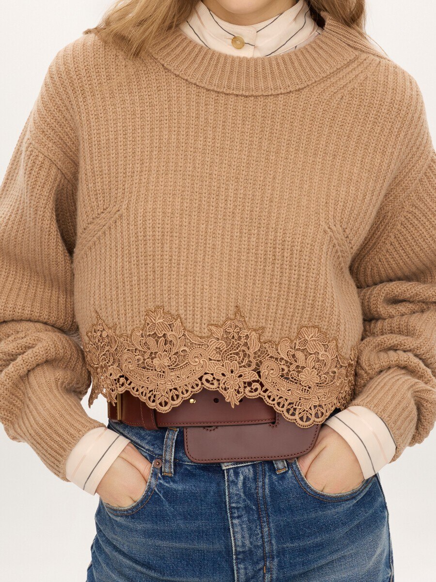 Cropped mock-neck sweater in a wool and cashmere knit & lace - 8
