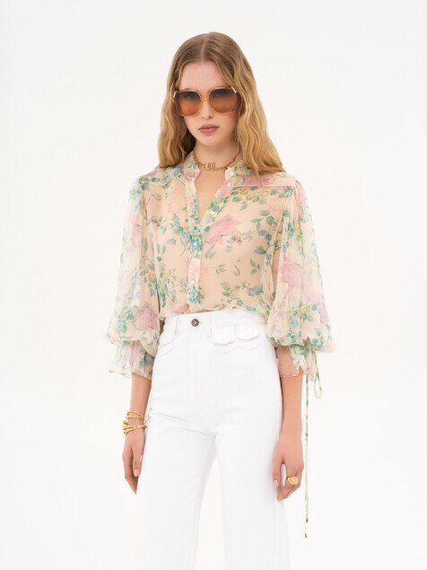 Puff-sleeve blouse in silk mousseline