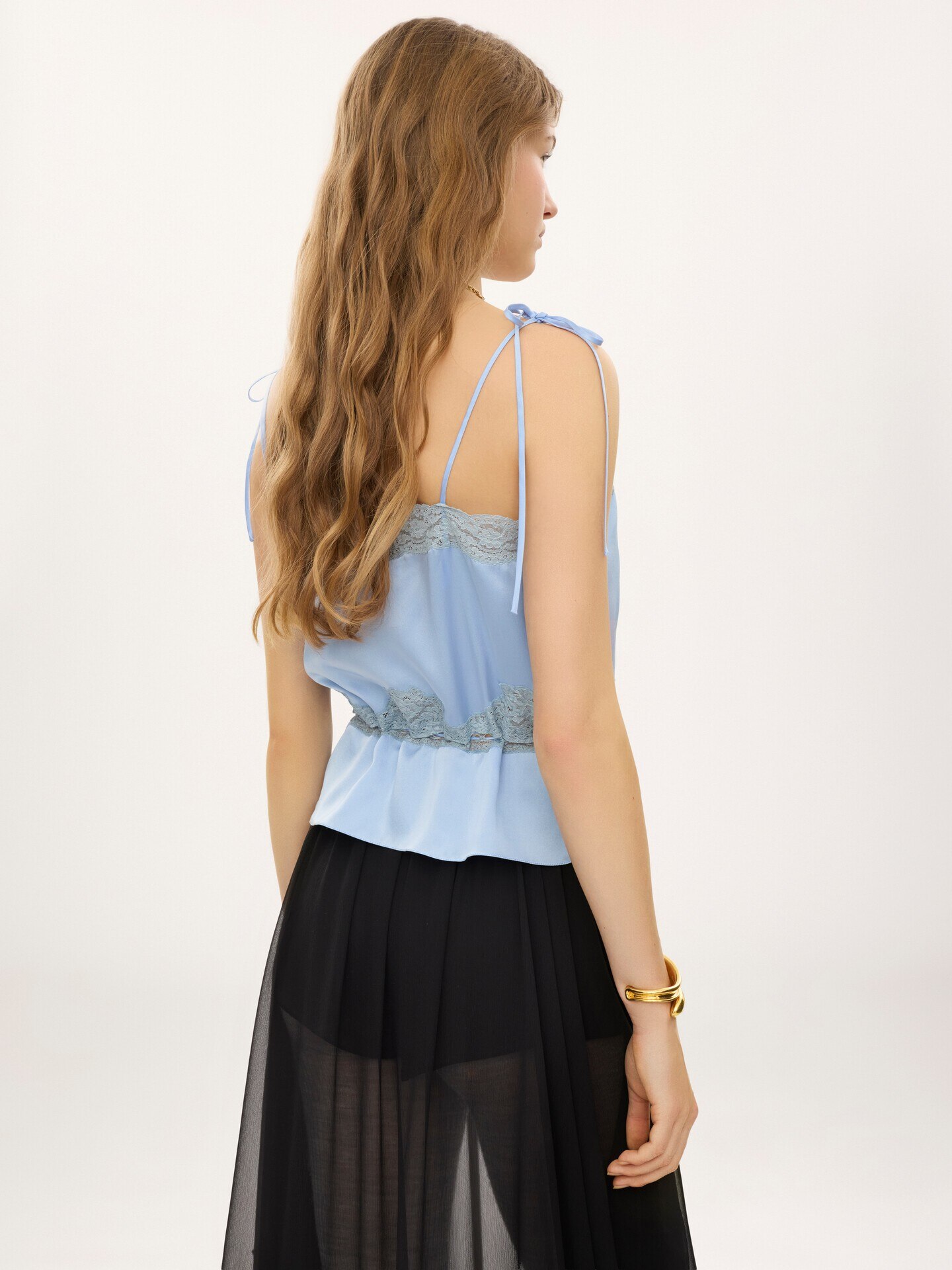 Drawstring camisole top in washed silk satin & lace - 5