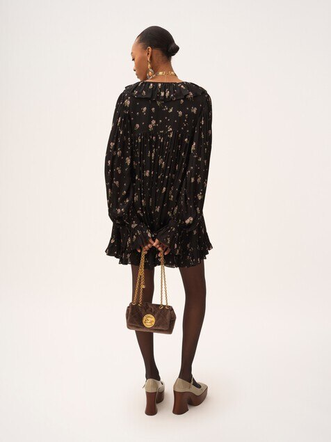 Gathered long-sleeve mini dress in silk charmeuse