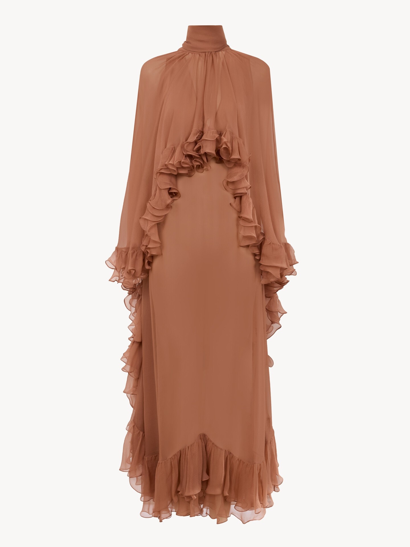 Mock-neck ruffle dress in silk mousseline - 1