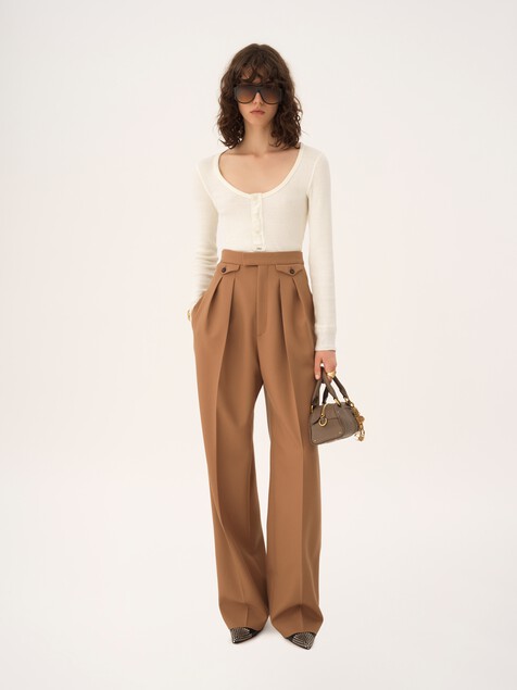 High-rise gathered pants in wool gabardine