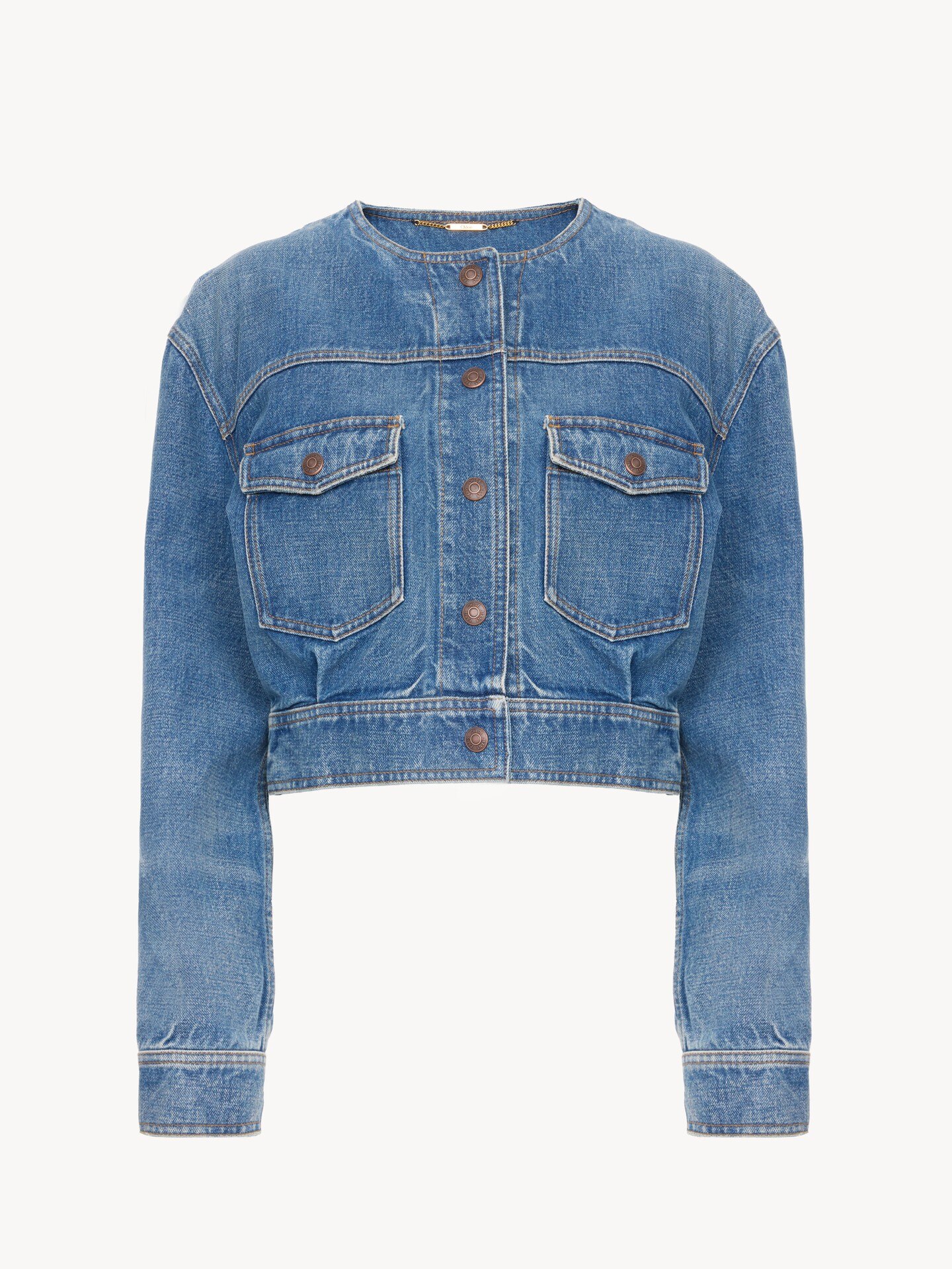 Collarless cropped denim jacket - 2