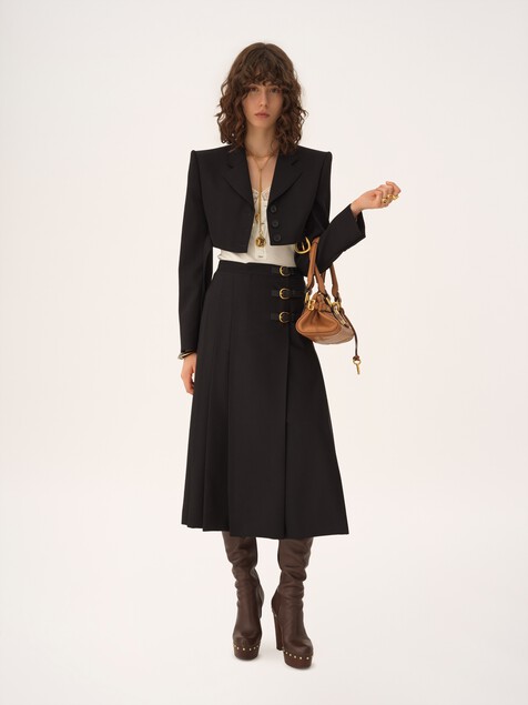 Pleated midi skirt in wool grain de poudre