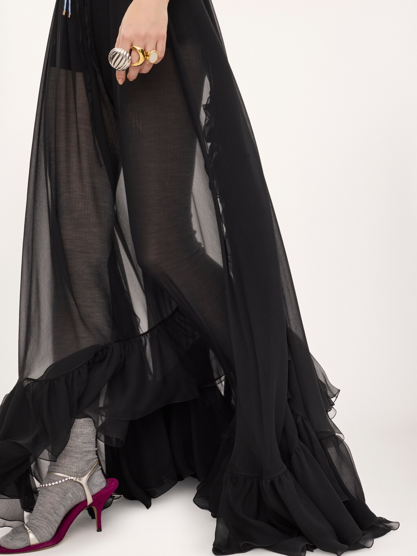 Ruffled long skirt in silk mousseline - 6