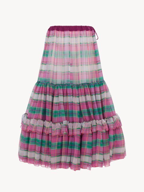Ruffled long skirt in check silk mousseline