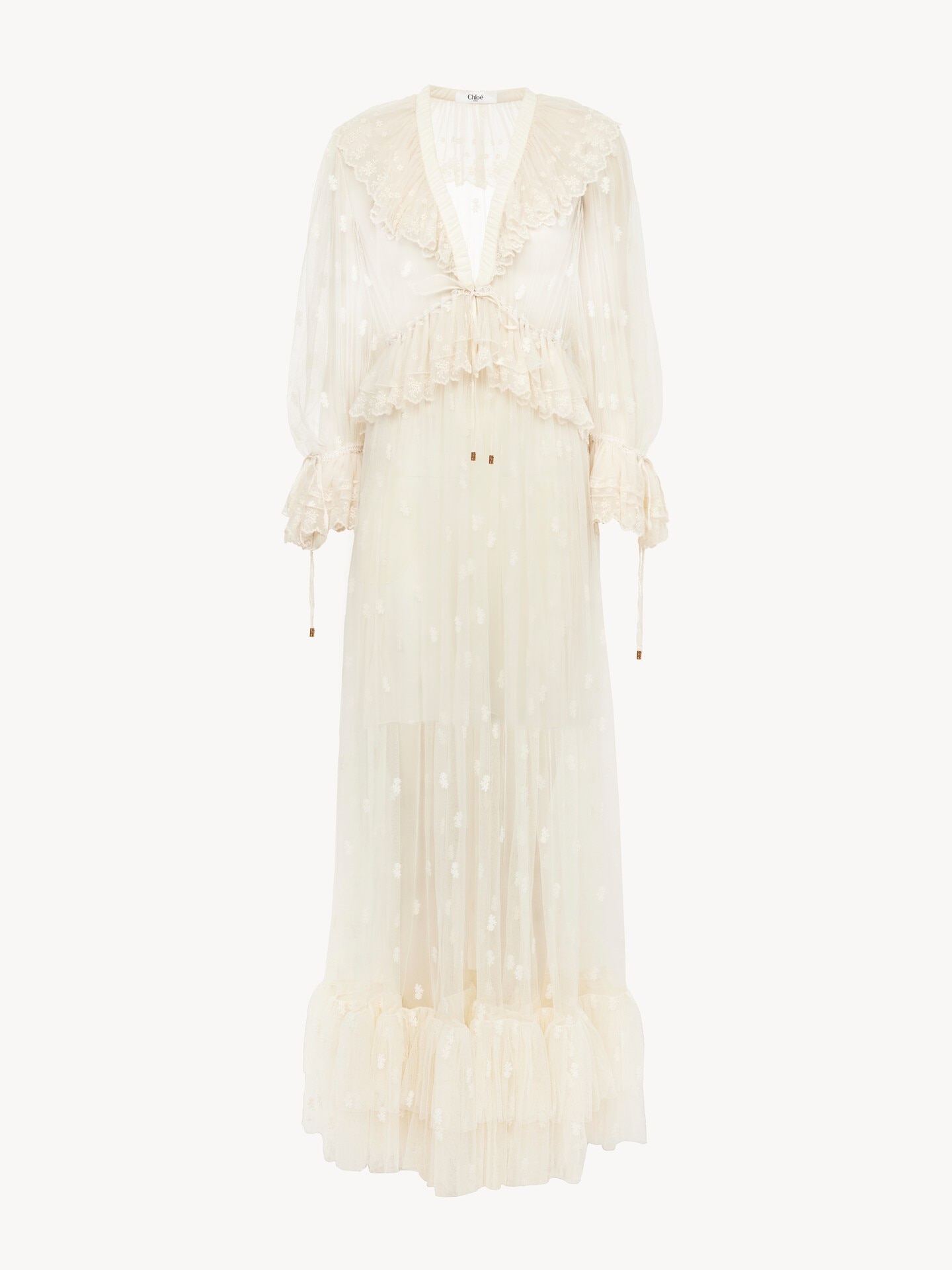 Vestido largo fruncido de encaje bordado con escote en V - 1