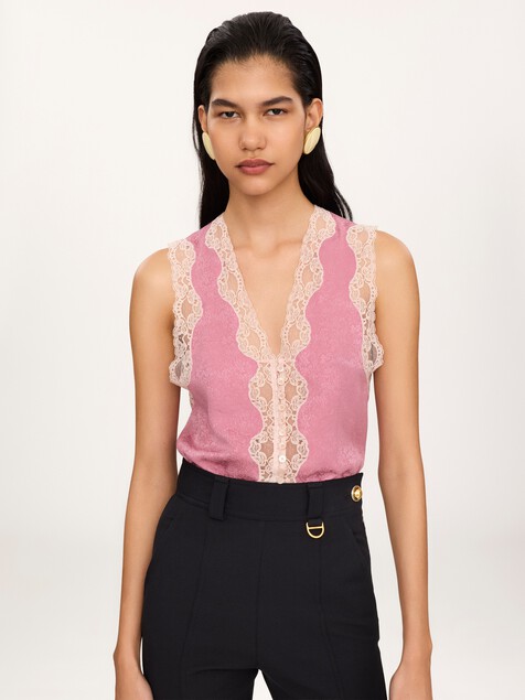 Top con p&eacute;plum sin mangas de jacquard de seda y encaje