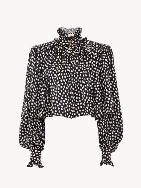 Maxi gathered high-neck top in silk jacquard