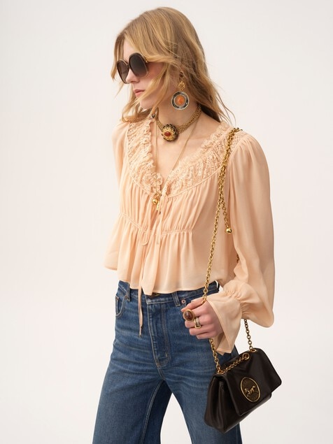 Scoop-neck cropped top in silk georgette & lace