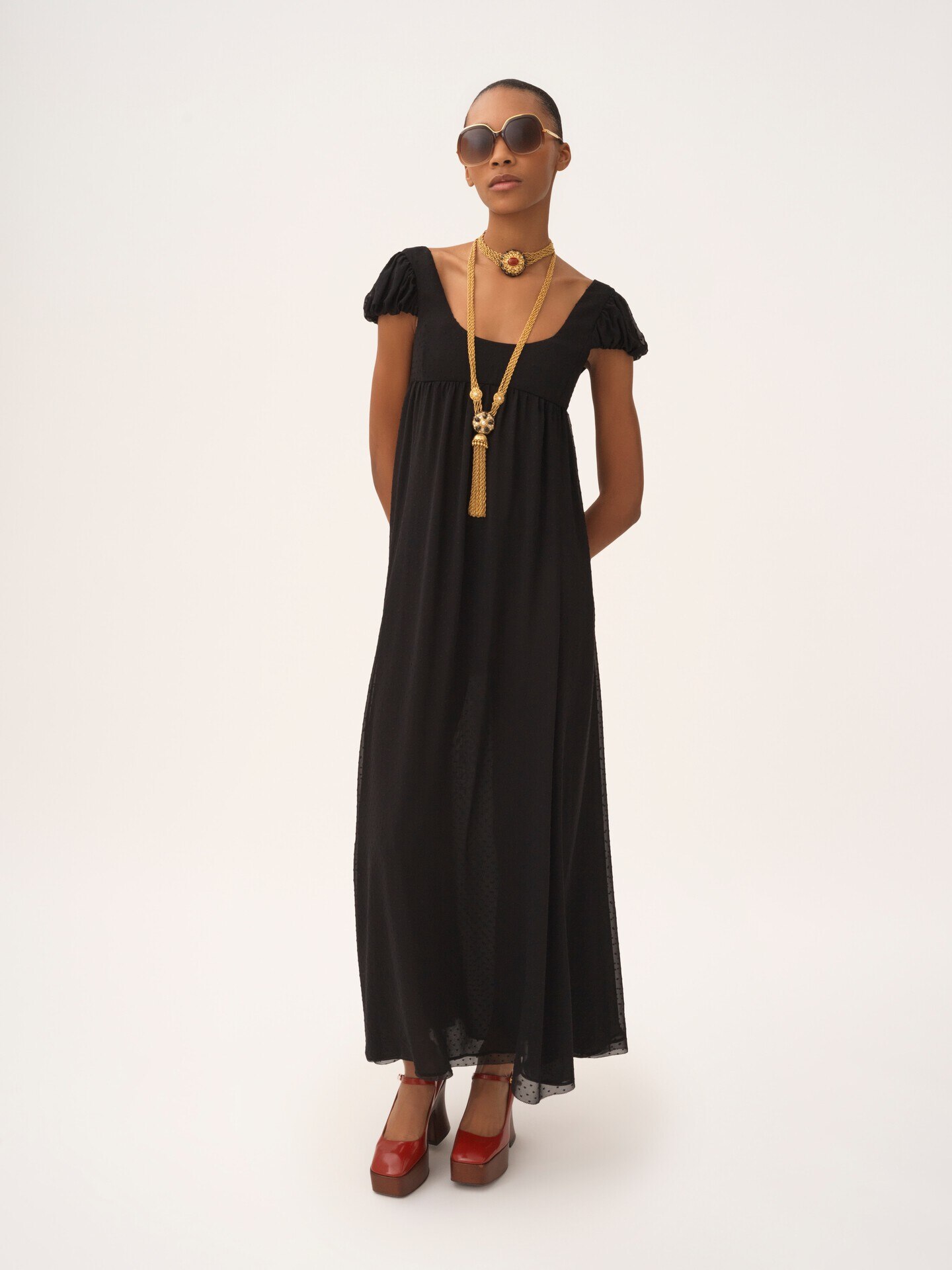 Puff-sleeve long dress in silk plumetis - 3