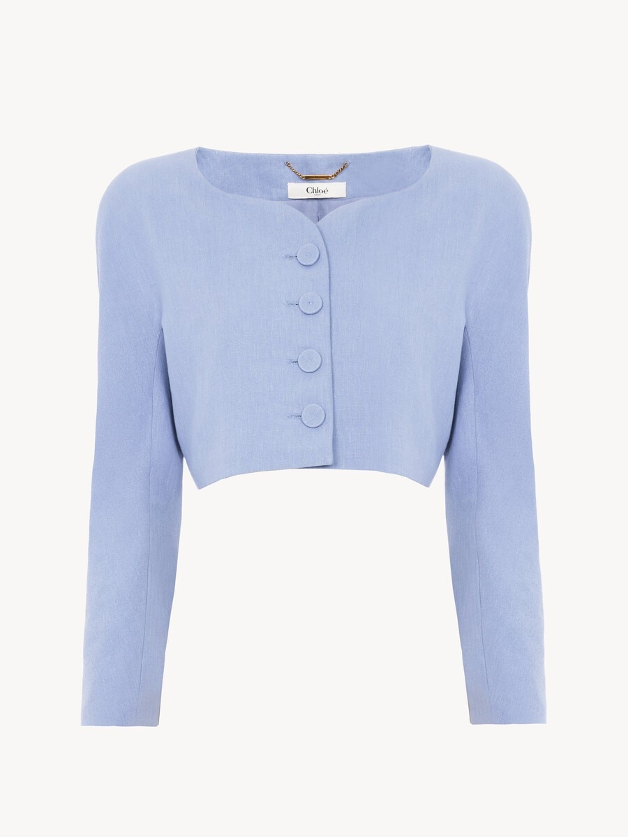 Cropped collarless jacket in linen cr&ecirc;pe - 2
