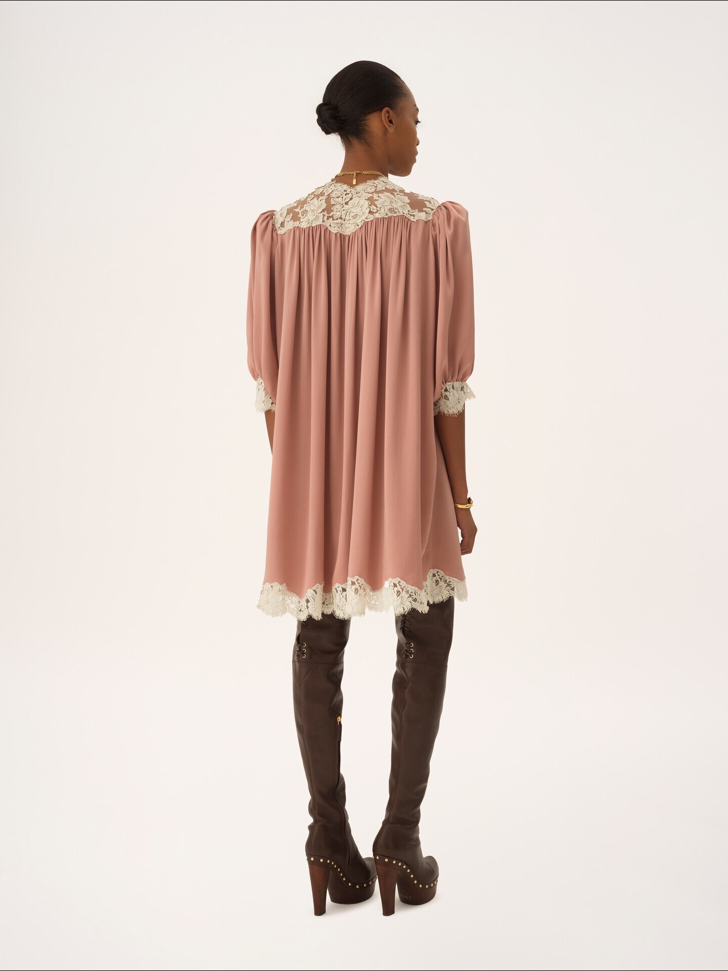 Gathered V-neck mini dress in washed silk satin & lace - 4