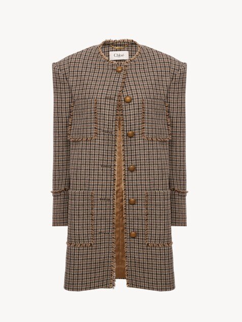Single-breasted collarless coat in houndstooth wool