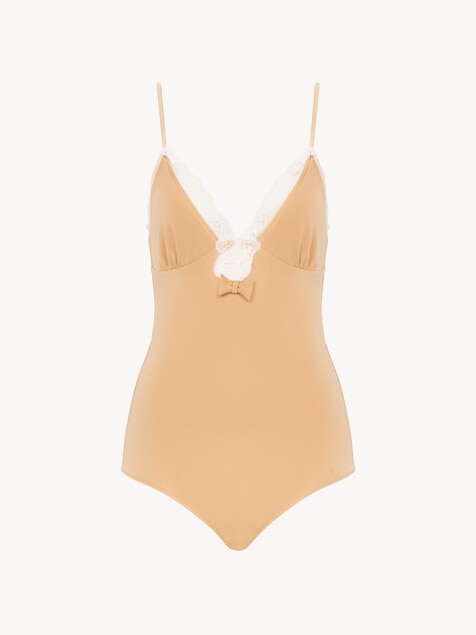 Lace-trimmed ruched bodysuit