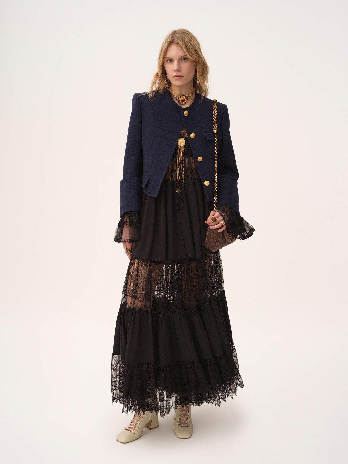 Tiered long skirt in silk georgette & lace - 3