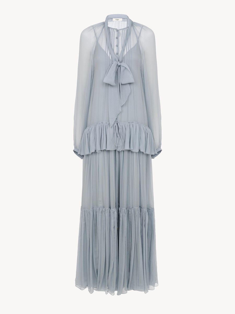 Fluid lavalli&egrave;re long dress in silk mousseline - 2