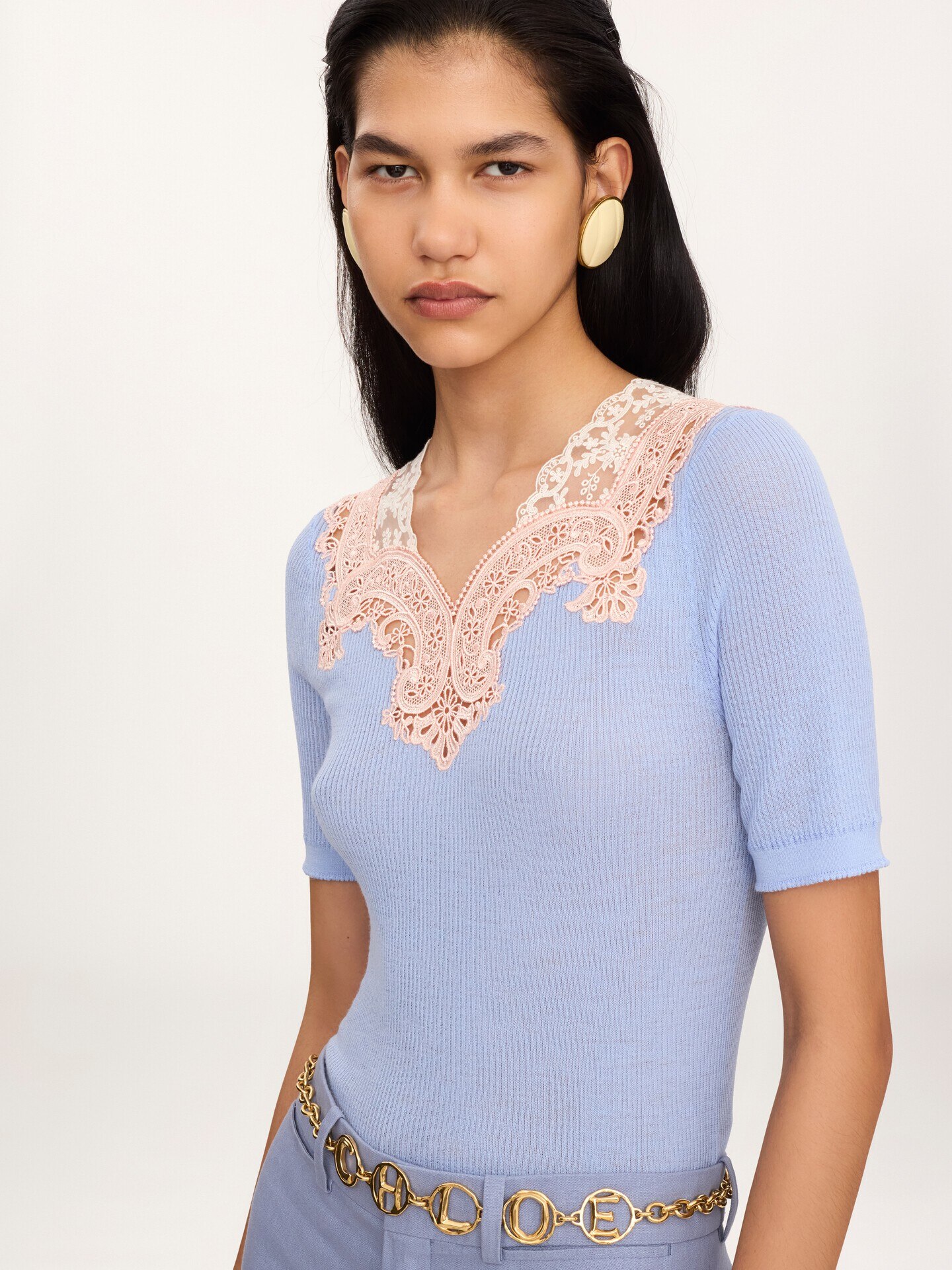 Jersey de manga al codo ajustado de punto de lana y encaje - 7