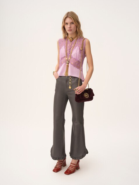 Ruffled flared trousers in leather