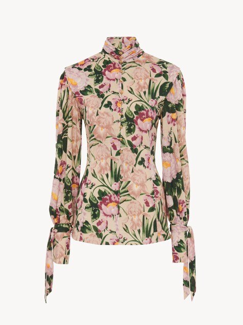 Buttoned mock-neck top in wool jersey