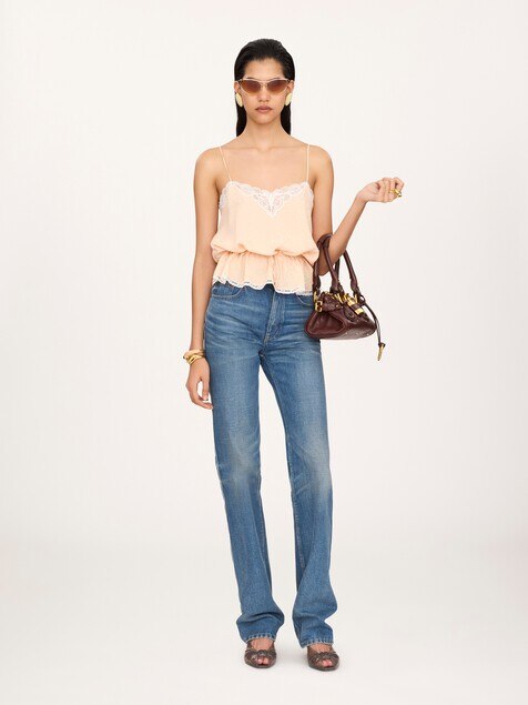 Drawstring camisole top in silk jacquard & lace