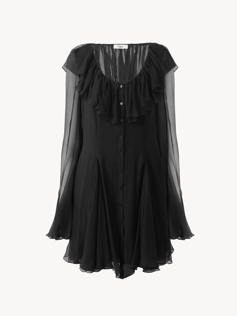 Flared mini dress in silk mousseline
