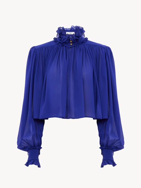 Maxi gathered high-neck top in silk georgette