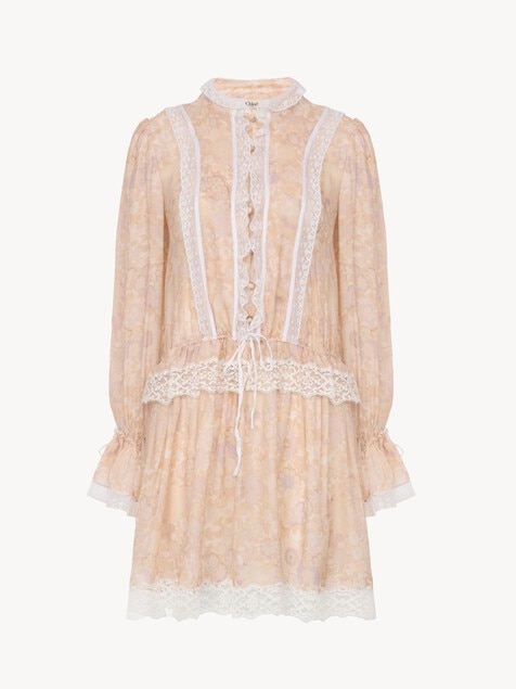 Minivestido de manga abullonada de charmeuse de seda y encaje