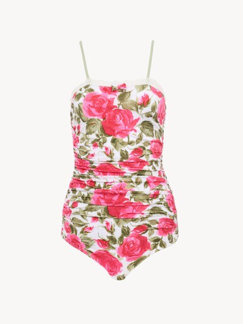 Ruched rose-print bodysuit