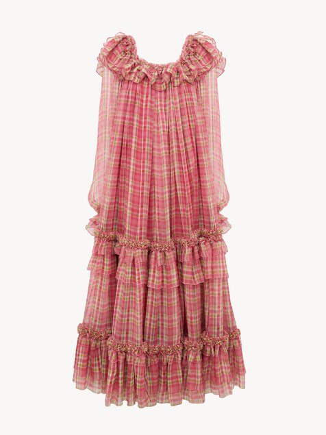Vestido midi de cuello cuadrado de muselina de seda de cuadros