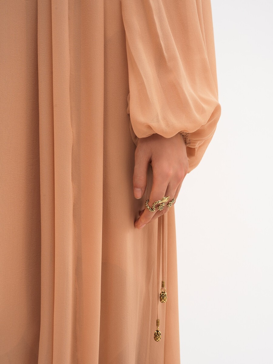 Mock-Neck Gathered Long Dress In Silk Georgette - 9