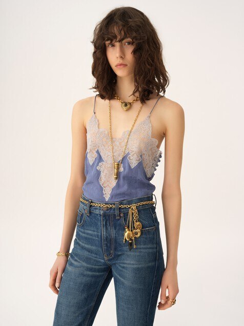 Camisole top in silk jacquard & lace