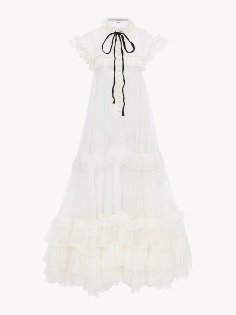 Vestido largo con volantes y lazo delantero de muselina de seda y encaje