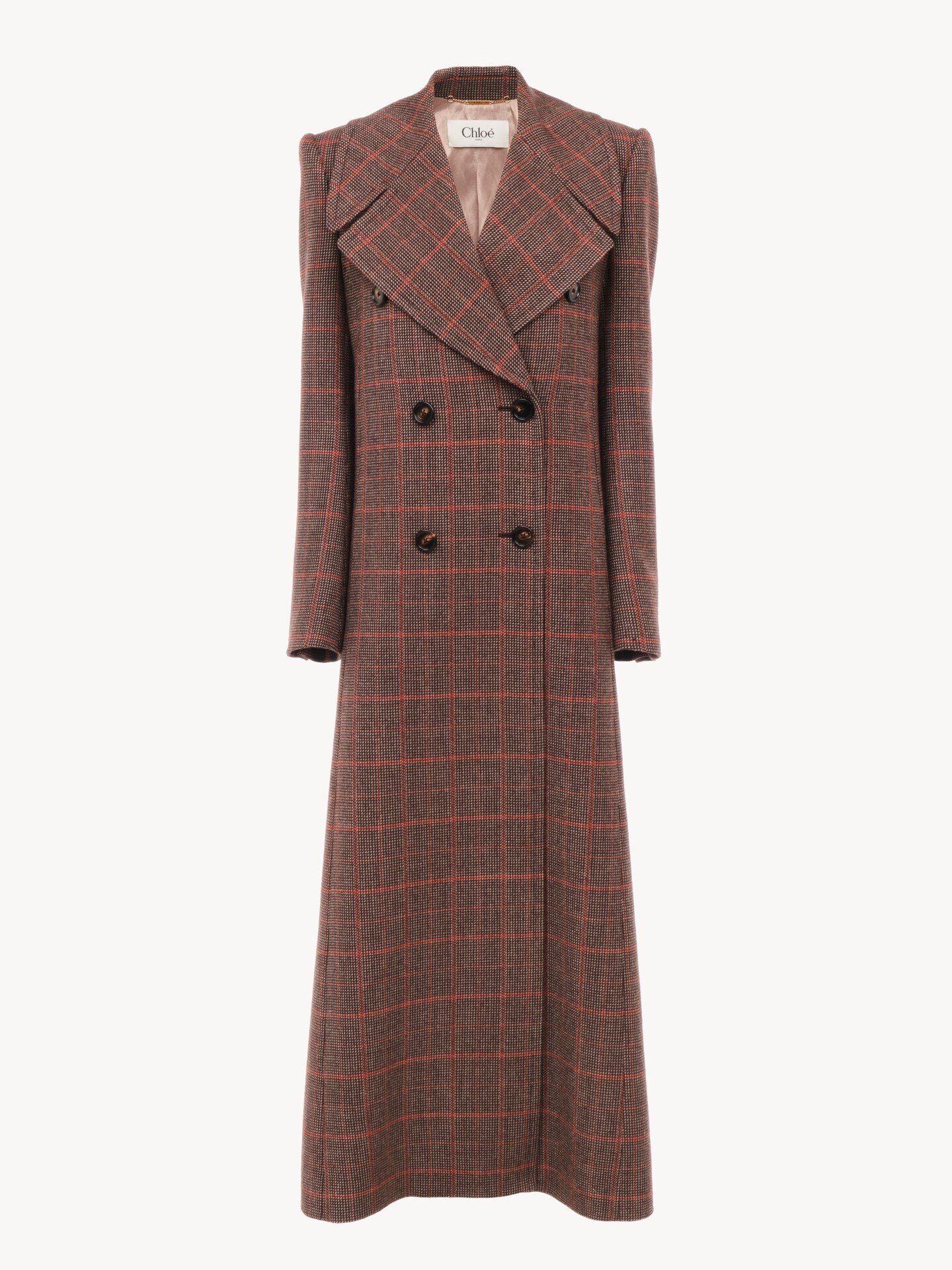 Long double-breasted coat in check wool - 1