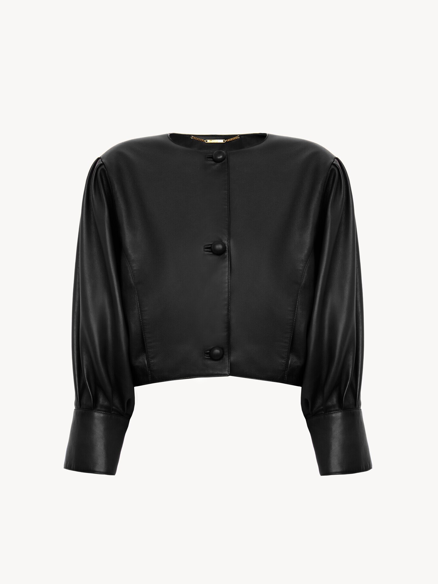 Cropped collarless jacket in leather - 2