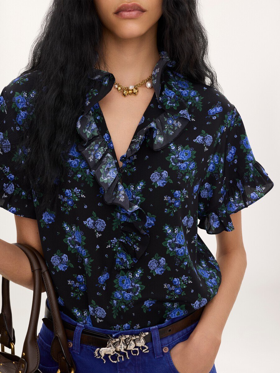 Short-sleeve ruffled top in cr&ecirc;pe de chine - 7
