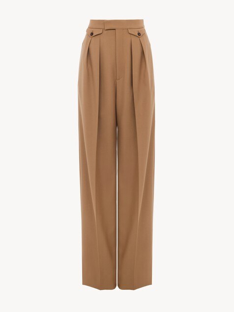 High-rise gathered trousers in wool gabardine