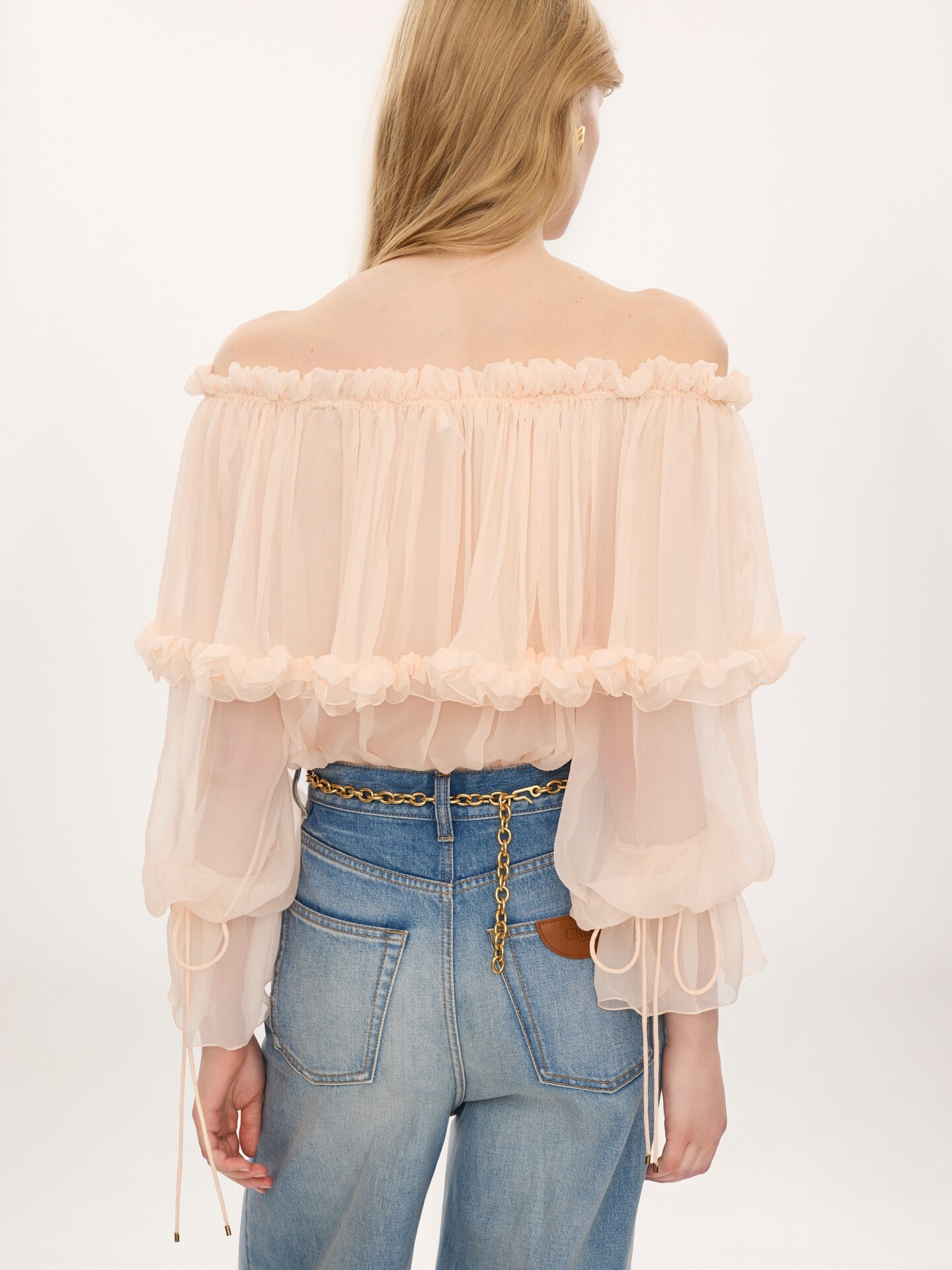 Off-the-shoulder puff-sleeve top in silk mousseline - 5