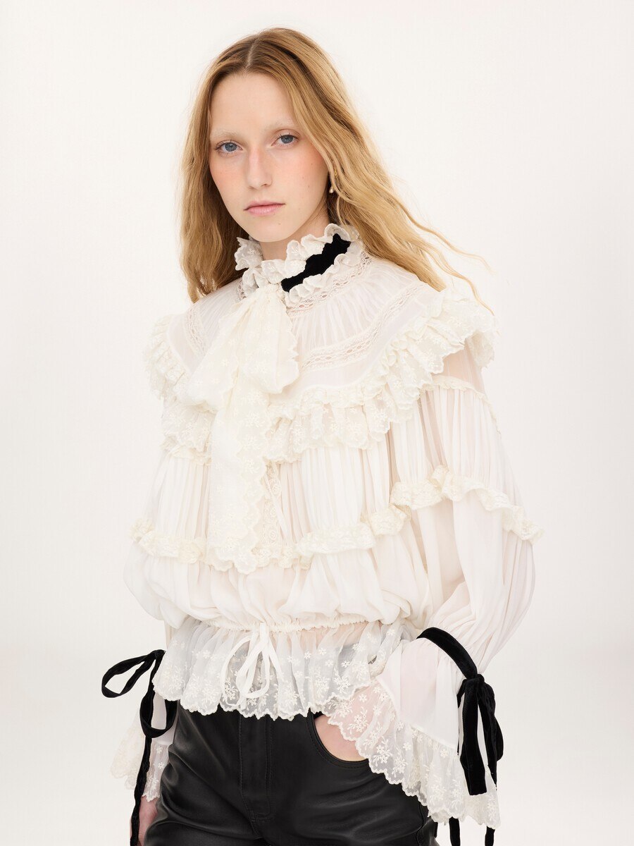 Tie-front ruffle top in silk mousseline & lace - 4