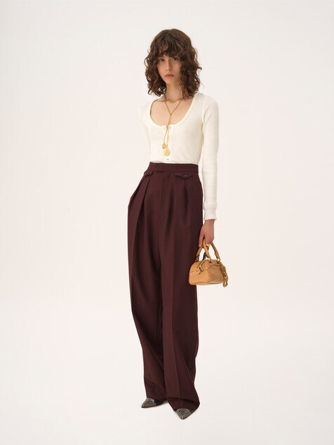 Pantalones fruncidos de talle alto de gabardina de lana