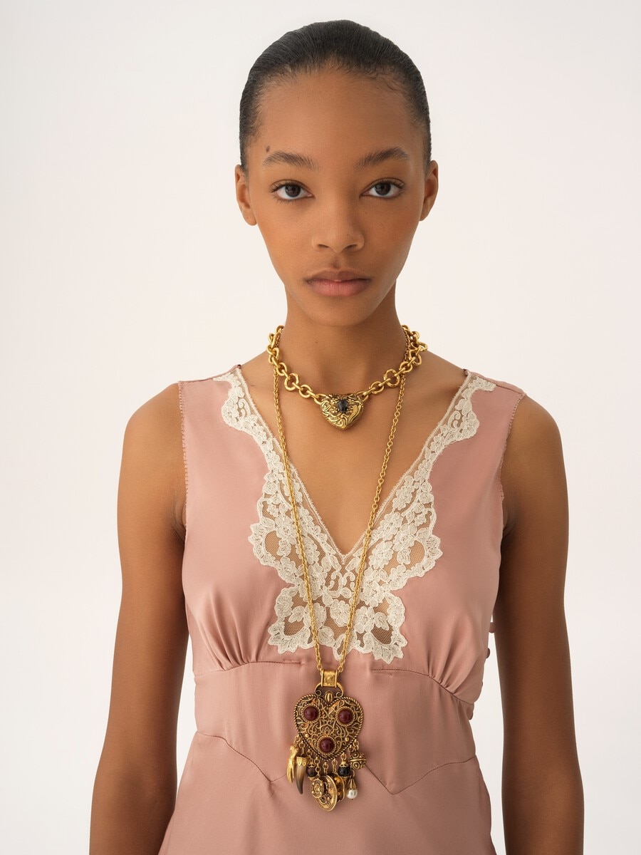 Sleeveless mini dress in washed silk satin & lace - 6