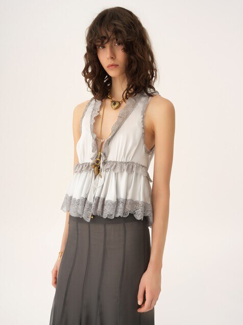 Tie-front sleeveless top in washed silk satin & lace