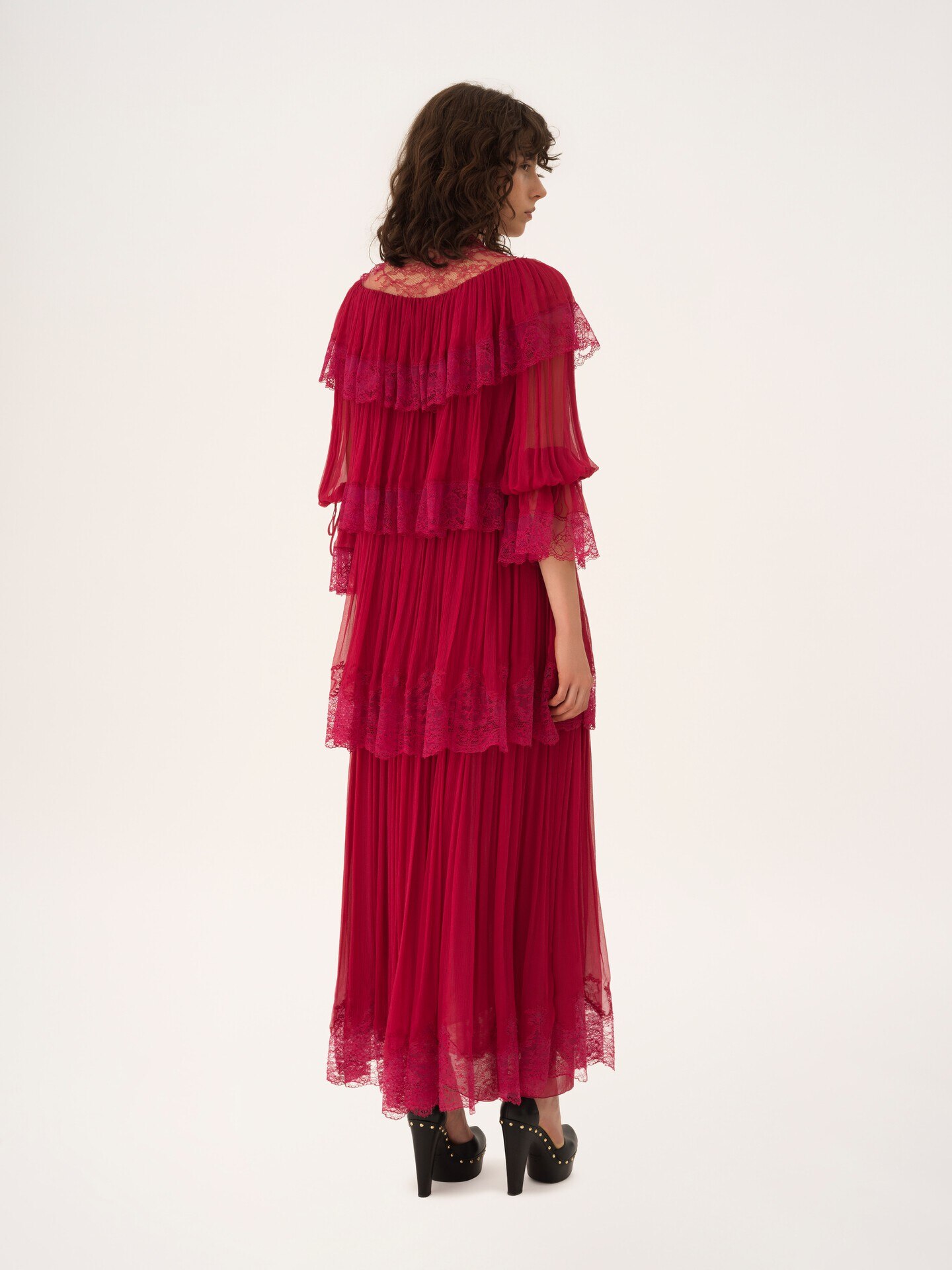Long ruffled dress in silk mousseline & lace - 4
