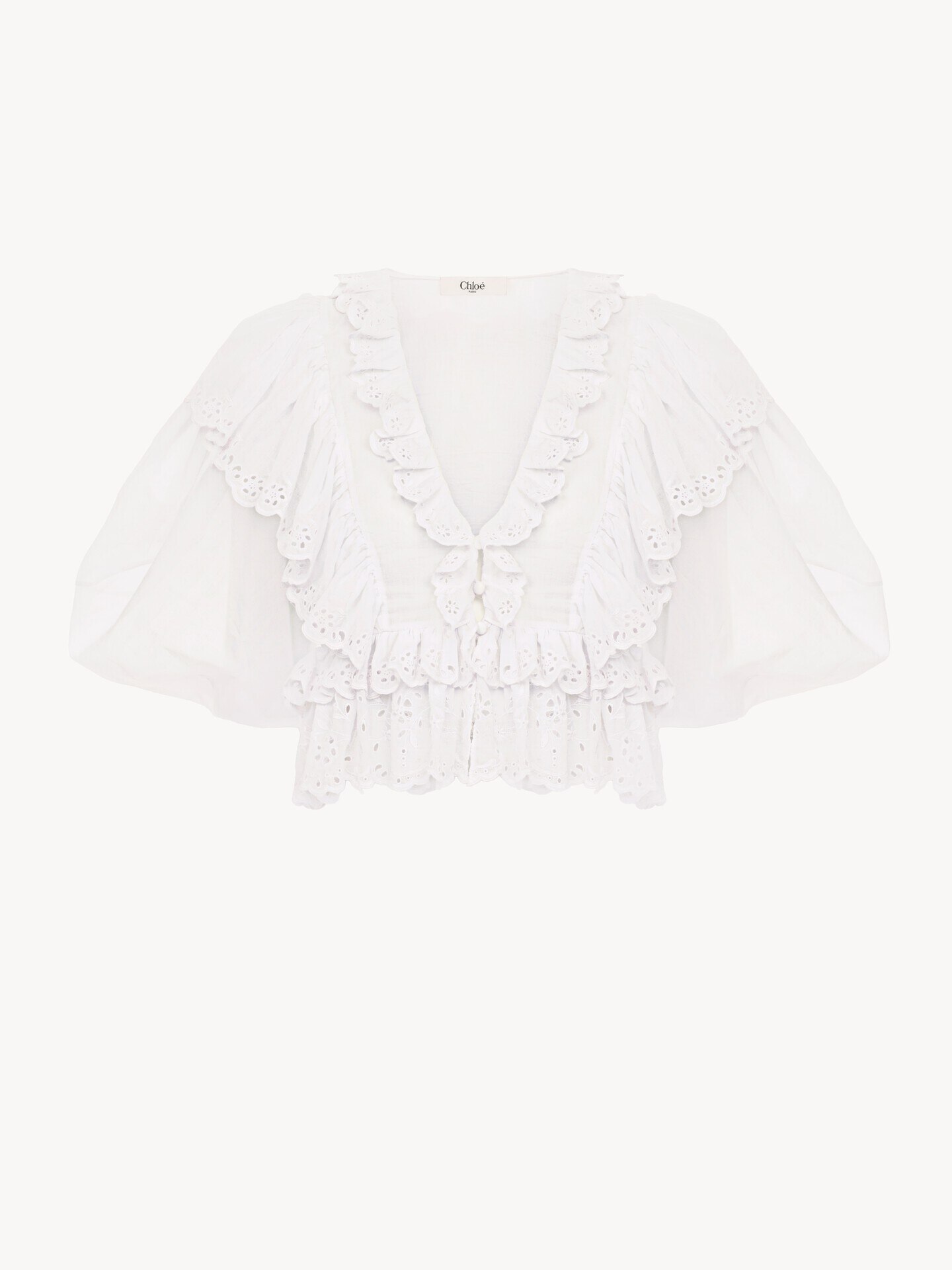 Top cropped de volantes con cuello en V de velo de algod&oacute;n - 2