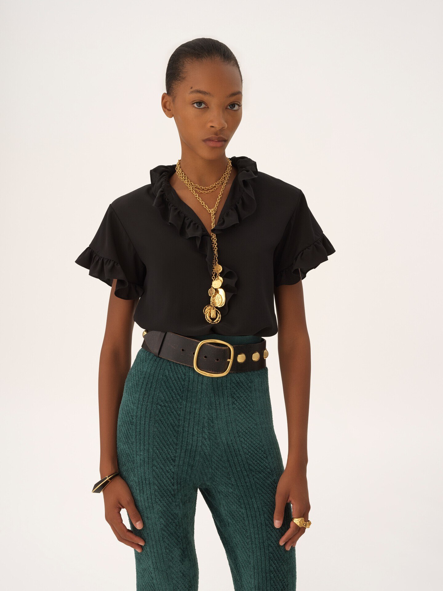 Short-sleeve ruffled top in cr&ecirc;pe de chine - 4