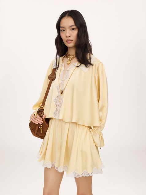 Fluid shorts in washed silk satin & lace