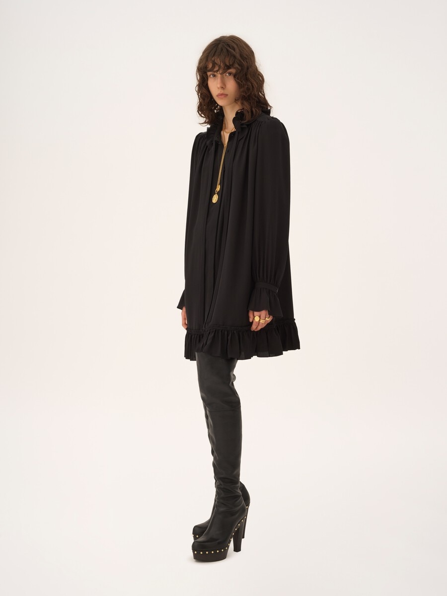 Long-sleeve mini dress in cr&ecirc;pe de chine - 4