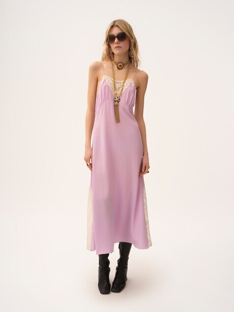 Vestido midi con tirantes finos de crep&eacute; de seda china y encaje