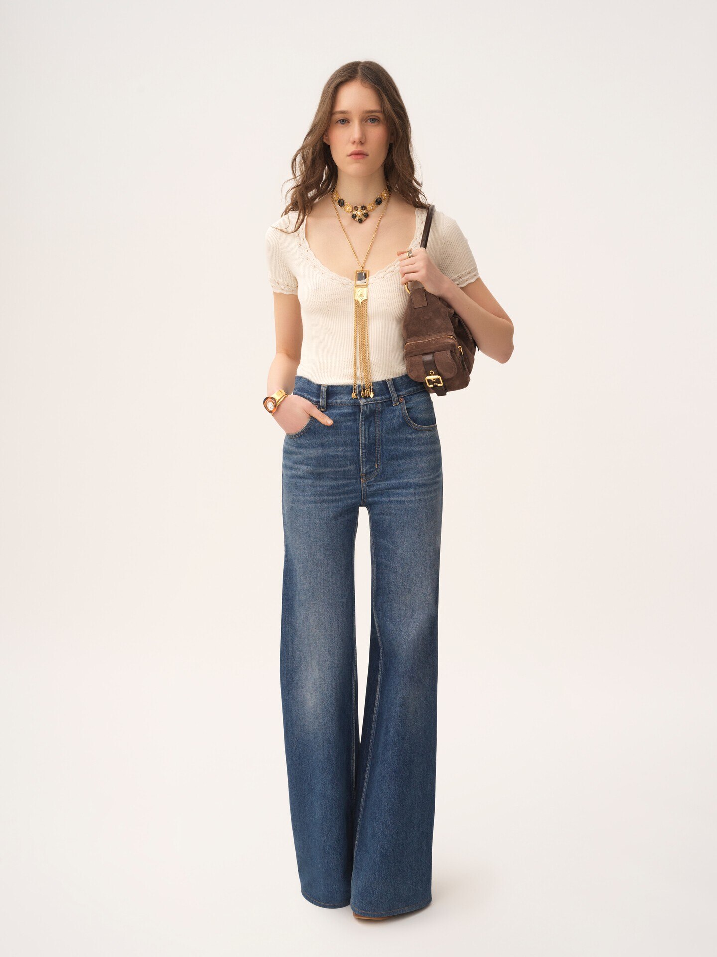 Scoop-neck fitted top in a wool knit & lace - 3